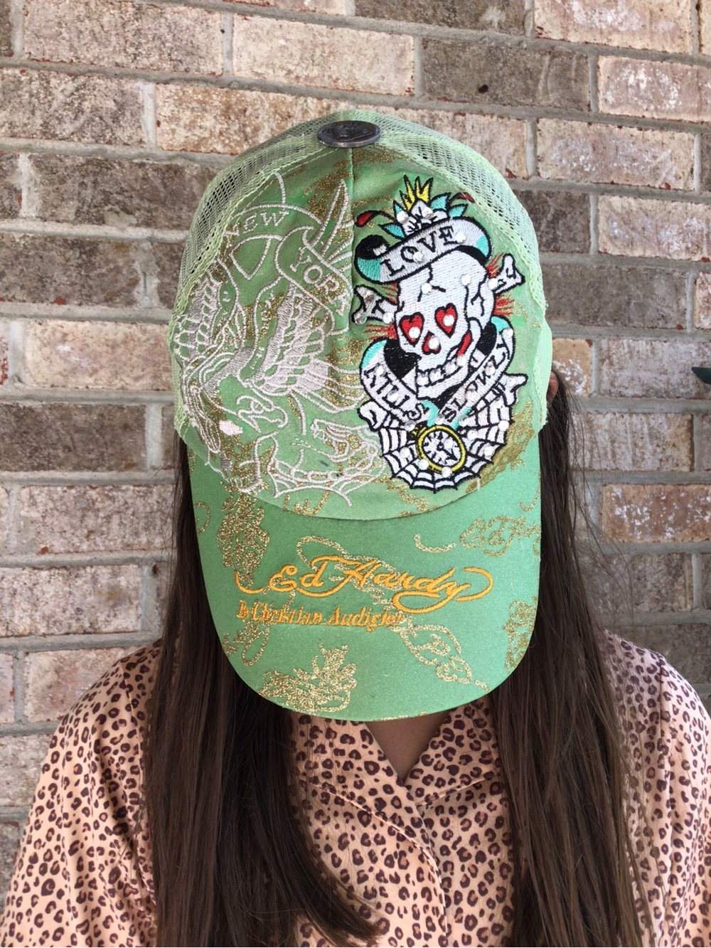 Vintage Y2K Ed Hardy Light Green Embroidered Skull Trucker Cap Love Kills